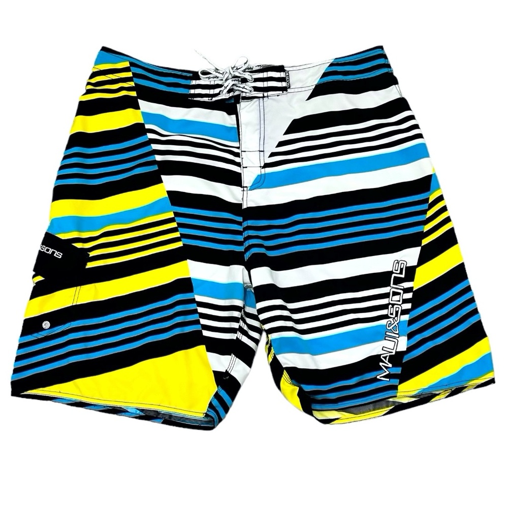 MAUI AND SONS BLUE, YELLOW, WHITE AND BLACK STRIPED BOARD SHORTS